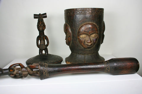 African Mortar Pestle Bowl W/Lid Carved Masks and Figurine Lid Nigerian Antique