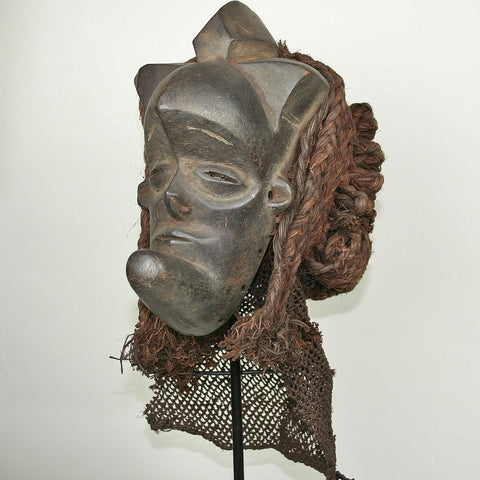 African Helmet Mask Antique Wood Raffia Textile Collectible