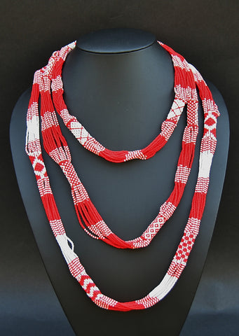 African Necklace Tribal Design Multistrand Red White Beads