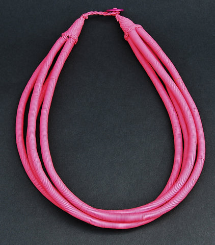 African Telephone Wire Rope 4 Strand Necklace Magenta Rose