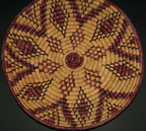 African Ceremonial Bowl/Basket 19"D X 4"H  Colors Natural Purple, Teal Green  Handcrafted in Ghana