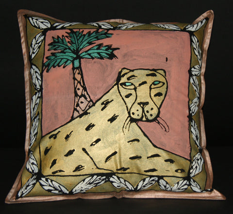 Gold Leopard Palm TreePillow Cover/Wall Art Hand Painted in South Africa 18.5" X 18.5"