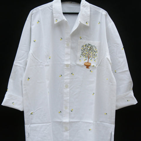 White Lounging Shirt Dress Embroidered Lemon Tree Handmade in Madagascar