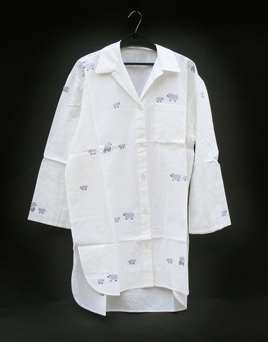 White Lounging Shirt Dress Embroidered Sheep Handmade in Madagascar