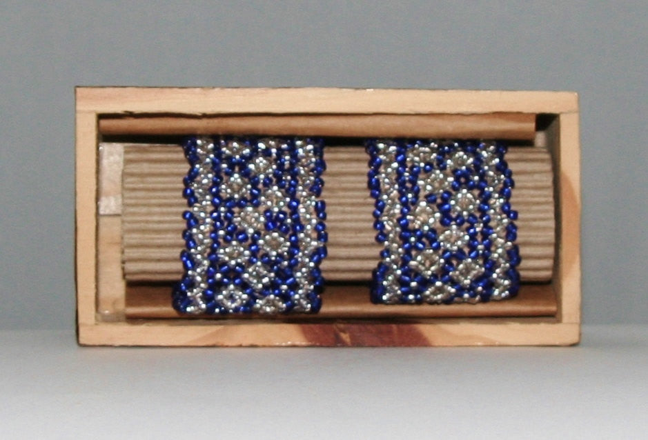 African Beaded Napkin Rings Silver Blue Zulu Tribal Designs Handcrafted Set of 2 South Africa 1" X 2" Handmade Wood Gift Box - Cultures International From Africa To Your Home