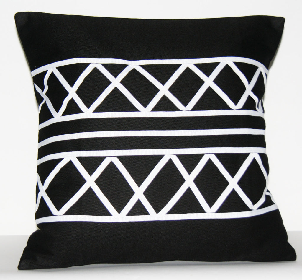 Designer African Xhosa Tribal Black White Applique Pillow Cover 18.5" X 18.5" Handmade - Cultures International From Africa To Your Home
