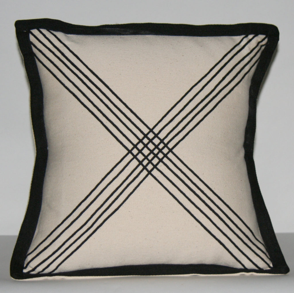 African Tribal Pillow Ivory Black Applique Crossing Paths 16" X 16.5" - Cultures International From Africa To Your Home