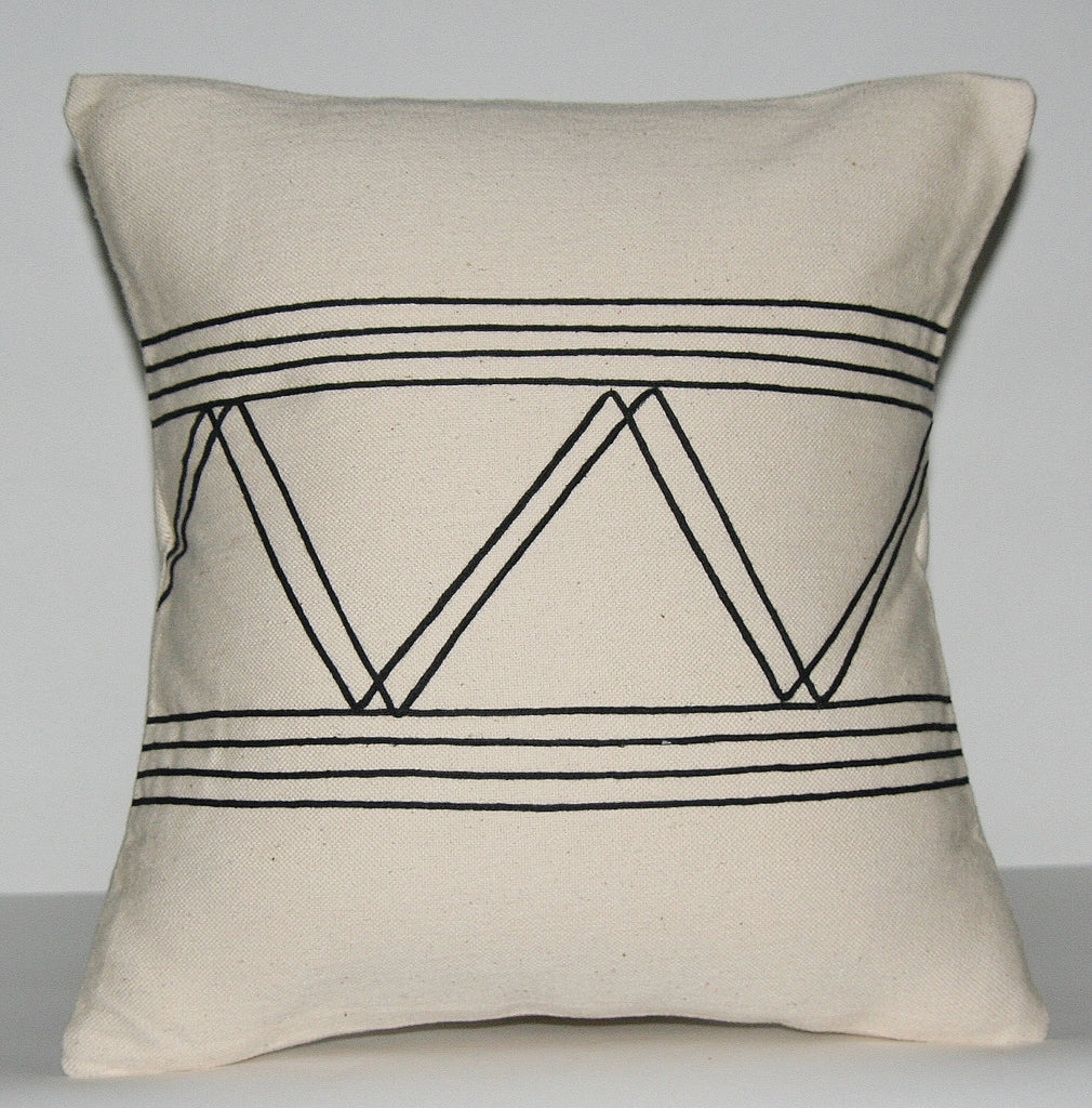 African Pillow Ivory With Black Applique Tribal Designs  16" X 15.5" - Cultures International From Africa To Your Home