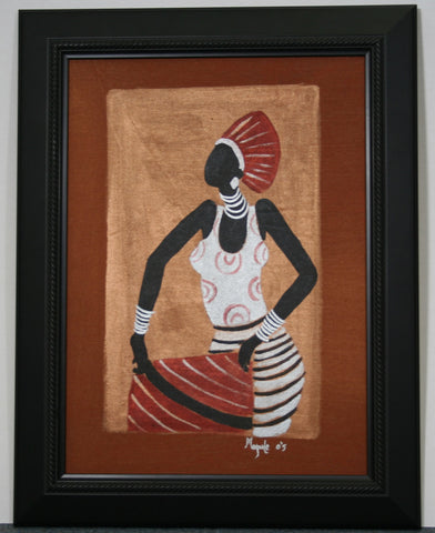 African Original Painting Xhosa Modern Tribal Woman II Acrylic on Textile Framed in Black 19.5"H X 14.5"W