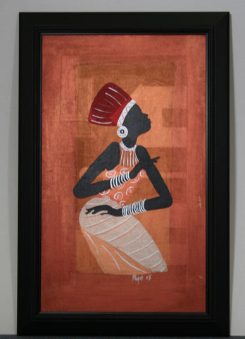 African Original Painting Xhosa Modern Tribal Woman I Acrylic on Textile Framed in Black 28"H X 18"W - Cultures International From Africa To Your Home