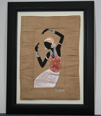 African Original Painting Xhosa Modern Tribal Woman V Acrylic on Fabric Framed in Black 21.5"H X 17"W