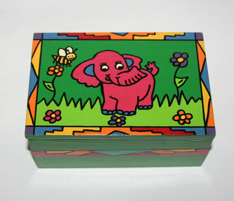 Child's Happy Pink Elephant Wood Box Carved Painted Vibrant Colors South Africa 6"W X 4"D X 3"H - Cultures International From Africa To Your Home Child's Happy Pink Elephant Wood Box Carved Painted Vibrant Colors South Africa 6"W X 4"D X 3"H