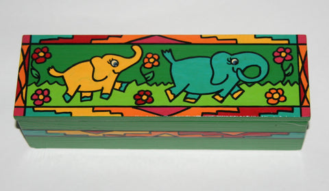 Mother and Baby Elephant Handcrafted Wood Box Carved Painted Vibrant Colors South Africa 8.5"W X 2.75"D X 2.50"H - Cultures International From Africa To Your Home