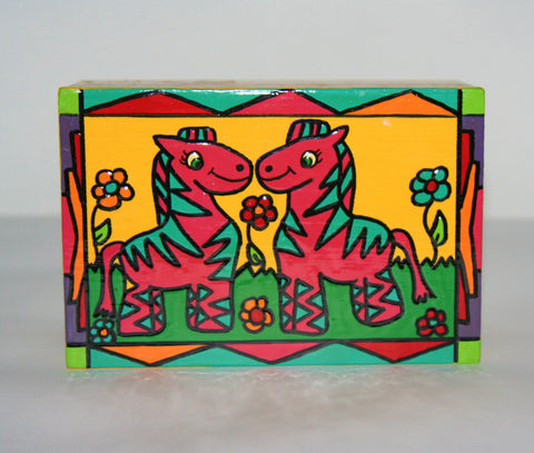 Child's Happy Pink Zebra Twins Wood Box Carved Painted Vibrant Colors South Africa 6"W X 4"D X 3"H - Cultures International From Africa To Your Home Child's Happy Pink Zebra Twins Wood Box Carved Painted Vibrant Colors South Africa 6"W X 4"D X 3"H