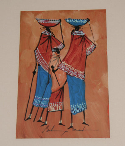 African Art  Maasai Women Baskets on Head Original Painting Acrylic and Ink on Leather Framed Abstract Kenya 19"H X 15"W