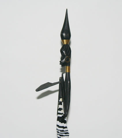 Vintage Beaded African Tribal Stick Doll Female Black/White Beads Carved Ebony Wood and Bronze  22" H
