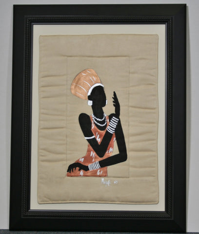 African Original Painting Xhosa Modern Tribal Woman VI Acrylic on Fabric Framed in Black 21.5"H X 16.5"W X .75"D
