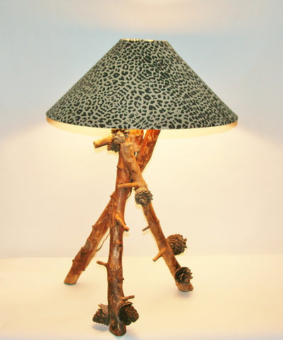 African Table Lamp Leopard Design Suede Goatskin Shade Wood Lamp Pine Cones