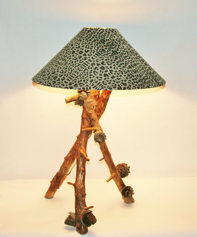African Table Lamp Leopard Design Suede Goatskin Shade Wood Lamp Pine Cones - Cultures International From Africa To Your Home African Table Lamp Leopard Design Suede Goatskin Shade Wood Lamp Pine Cones
