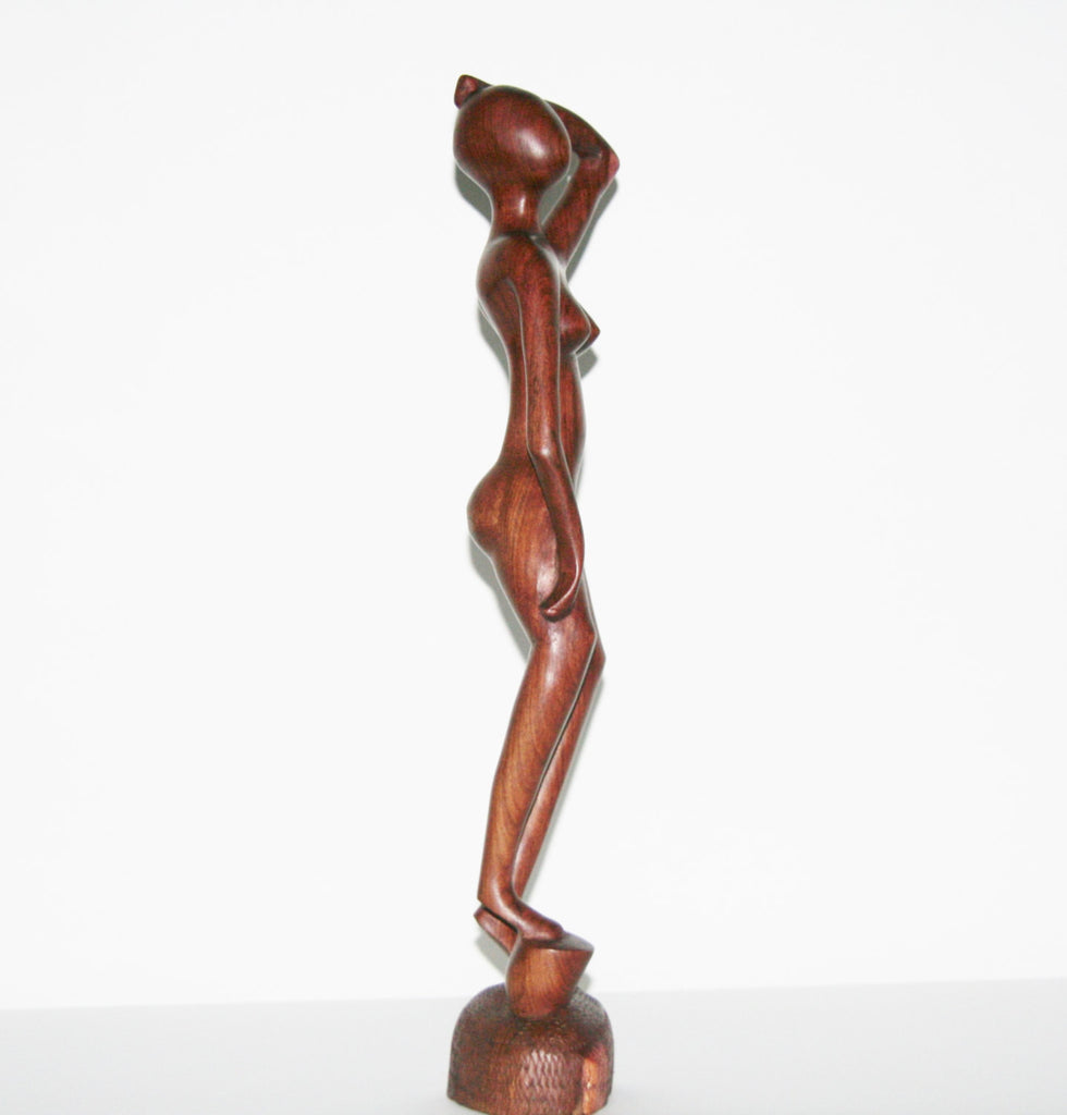 African Sculpture Mahogany Female Nude III  Vintage Handcrafted in Tanzania 17.5"H X 3.5"W X 3.5"D - Cultures International From Africa To Your Home
