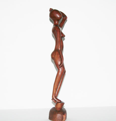 African Sculpture Mahogany Female Nude III  Vintage Handcrafted in Tanzania 17.5"H X 3.5"W X 3.5"D - Cultures International From Africa To Your Home