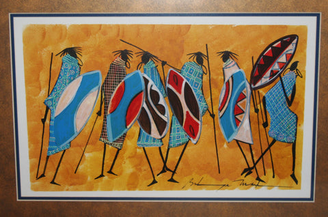 African Art Original Painting Maasai Warriors With Shields Acrylic Ink Abstract Kenya - Cultures International From Africa To Your Home