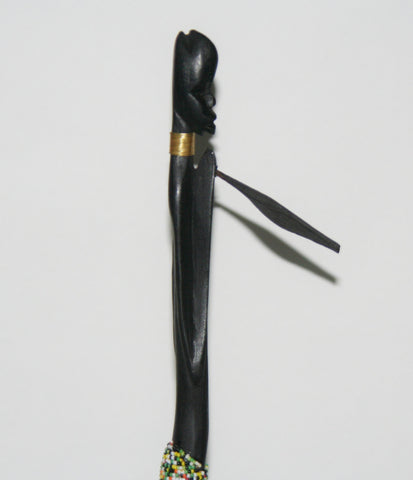 Vintage Beaded African Tribal Stick Doll Male Black Beaded Carved Ebony Wood and Bronze  21" H