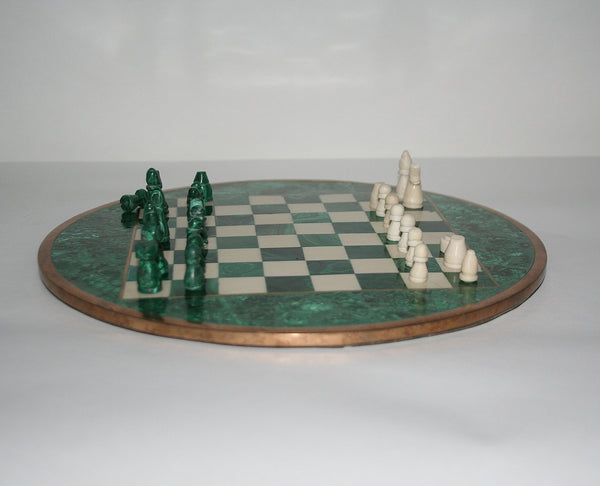 African Malachite and Bronze Chess Set Authentic Rare Circular