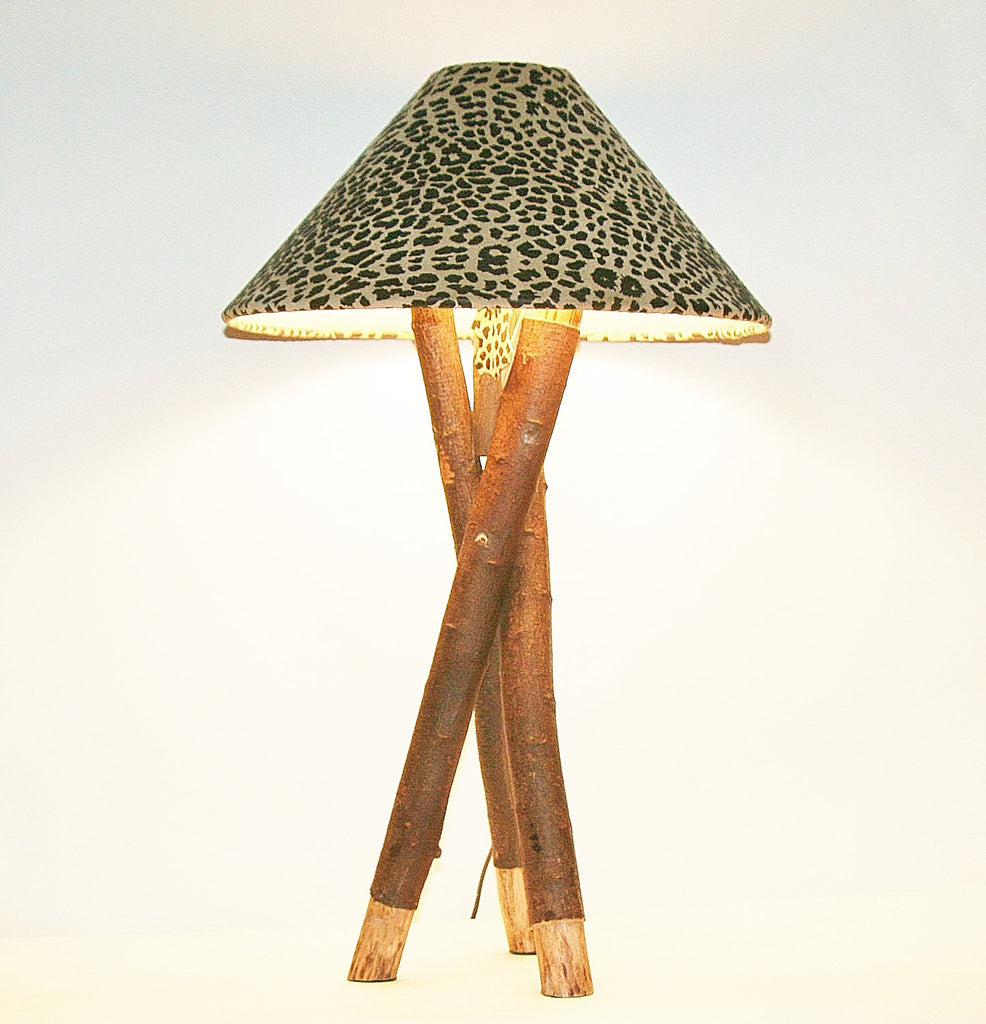 African Table Lamp Leopard Design Suede Goatskin Shade Rescued Wood 26.5" H - Cultures International From Africa To Your Home