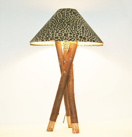 African Table Lamp Leopard Design Suede Goatskin Shade Rescued Wood 26.5" H