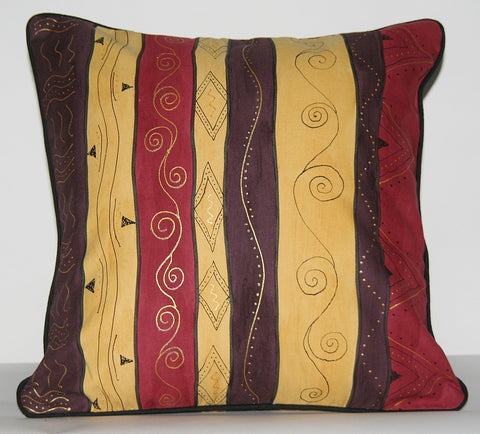 African Scrolls Pillow Cover Tribal Hand Painted Tribal Brown, Gold, Wine, Yellow Cushion Cover