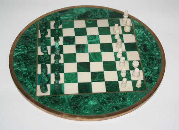 African Malachite and Bronze Chess Set Authentic Rare Circular