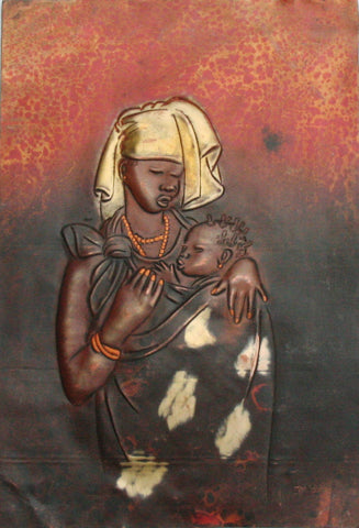 African Copper Relief Art Tribal Mother and Child  12"H X 8.25"W Vintage Handcrafted in the Congo - Cultures International From Africa To Your Home