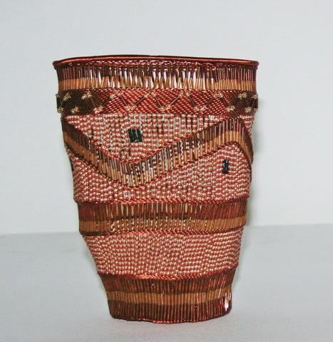 African Copper Basket Open Copper Wire and Glass Beads, Copper, White, Brown  4.5"D X 6"H South African Zulu Bowl Art