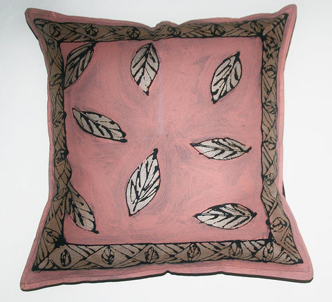 African Pillow Hand Painted Falling Leaves Pink Silver Black 19" X 19"