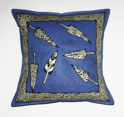 African Pillow Periwinkle Silver Feathers on Blue 19" X 19"
