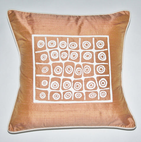 African Silk Pillow Golden Tan Color With White Abstract Repeat Tribal Symbols Handwoven Raw Silk