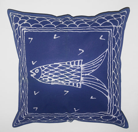 African Pillow Hand Painted Fish Blue 19" X 19"