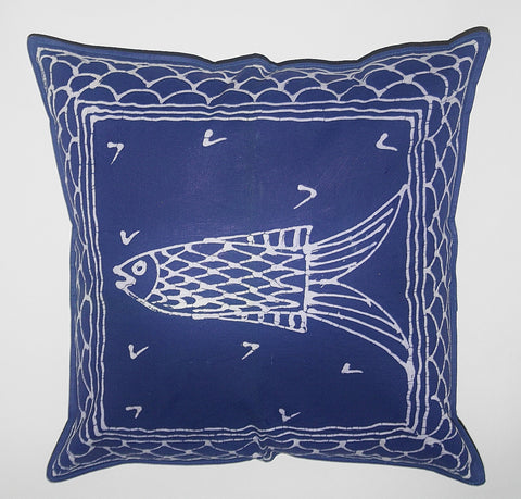 African Pillow Hand Painted Fish Blue 19" X 19" - Cultures International From Africa To Your Home African Pillow Hand Painted Fish Blue 19" X 19"