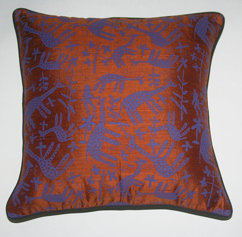African Silk Pillow Copper Purple Giraffe Handwoven Raw Silk Black Piping