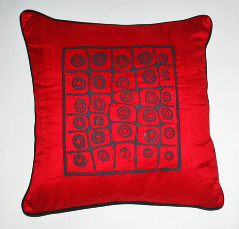 African Silk Pillow Red Black Abstract Bushman Design in Raw Silk