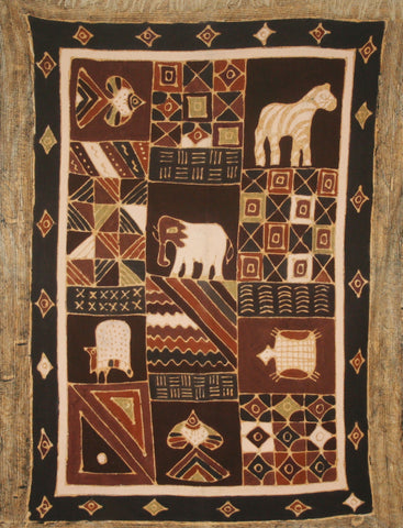 African Batik Zimbabwe Abstract Geometric Tribal Design Brown Gold Cream Handmade 54"W X 78"L Vintage