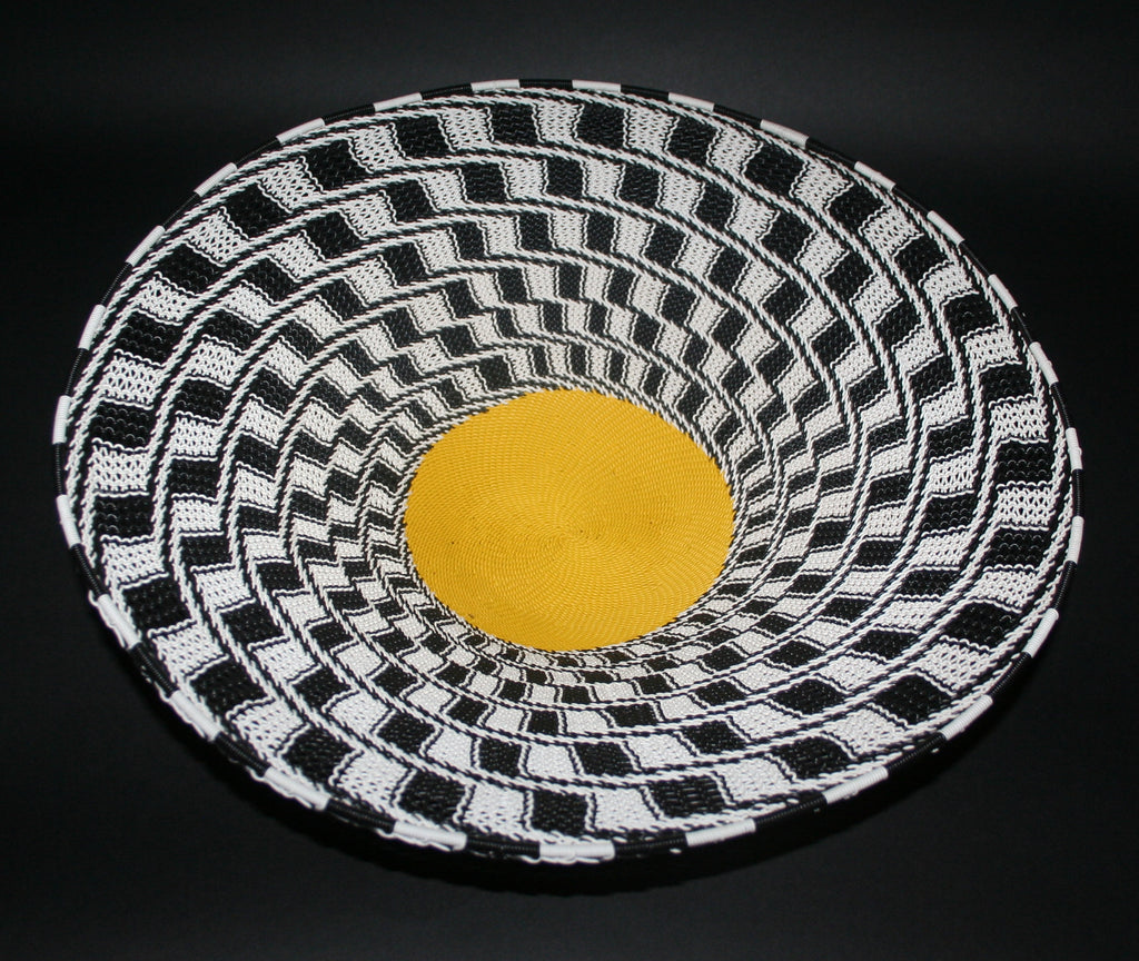 African Telephone Wire Bowl Zulu Basket Black White Yellow- 15"D X 4"H - Cultures International From Africa To Your Home