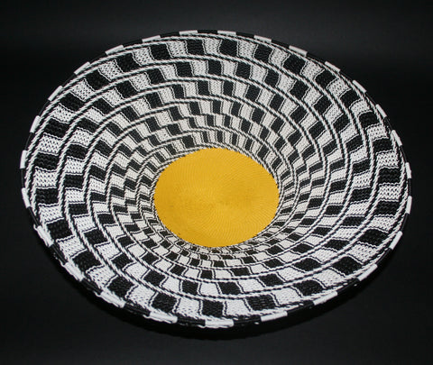 African Telephone Wire Bowl Zulu Basket Black White Yellow- 15"D X 4"H