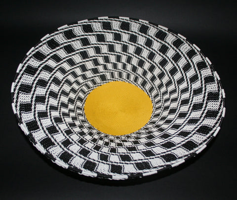 African Telephone Wire Bowl Zulu Basket Black White Yellow- 15"D X 4"H - Cultures International From Africa To Your Home African Telephone Wire Bowl Zulu Basket Black White Yellow- 15"D X 4"H