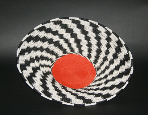 African Telephone Wire Bowl Zulu Basket Black White Orange- 14"D X 4"H