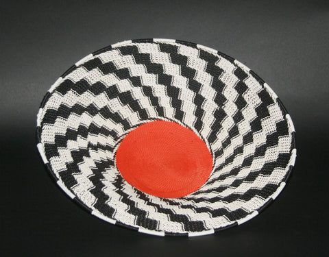 African Telephone Wire Bowl Zulu Basket Black White Orange- 14"D X 4"H - Cultures International From Africa To Your Home African Telephone Wire Bowl Zulu Basket Black White Orange- 14"D X 4"H