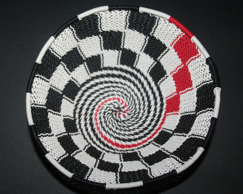 African Telephone Wire Bowl Zulu Basket White Black Red Swirl - 6.75" D X 3" H
