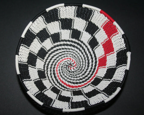 African Telephone Wire Bowl Zulu Basket White Black Red Swirl - 6.75" D X 3" H - Cultures International From Africa To Your Home African Telephone Wire Bowl Zulu Basket White Black Red Swirl - 6.75" D X 3" H