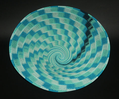 African Telephone Wire Bowl Swirl Basket Blue Turquoise- 15"D X 45"C X 4"H